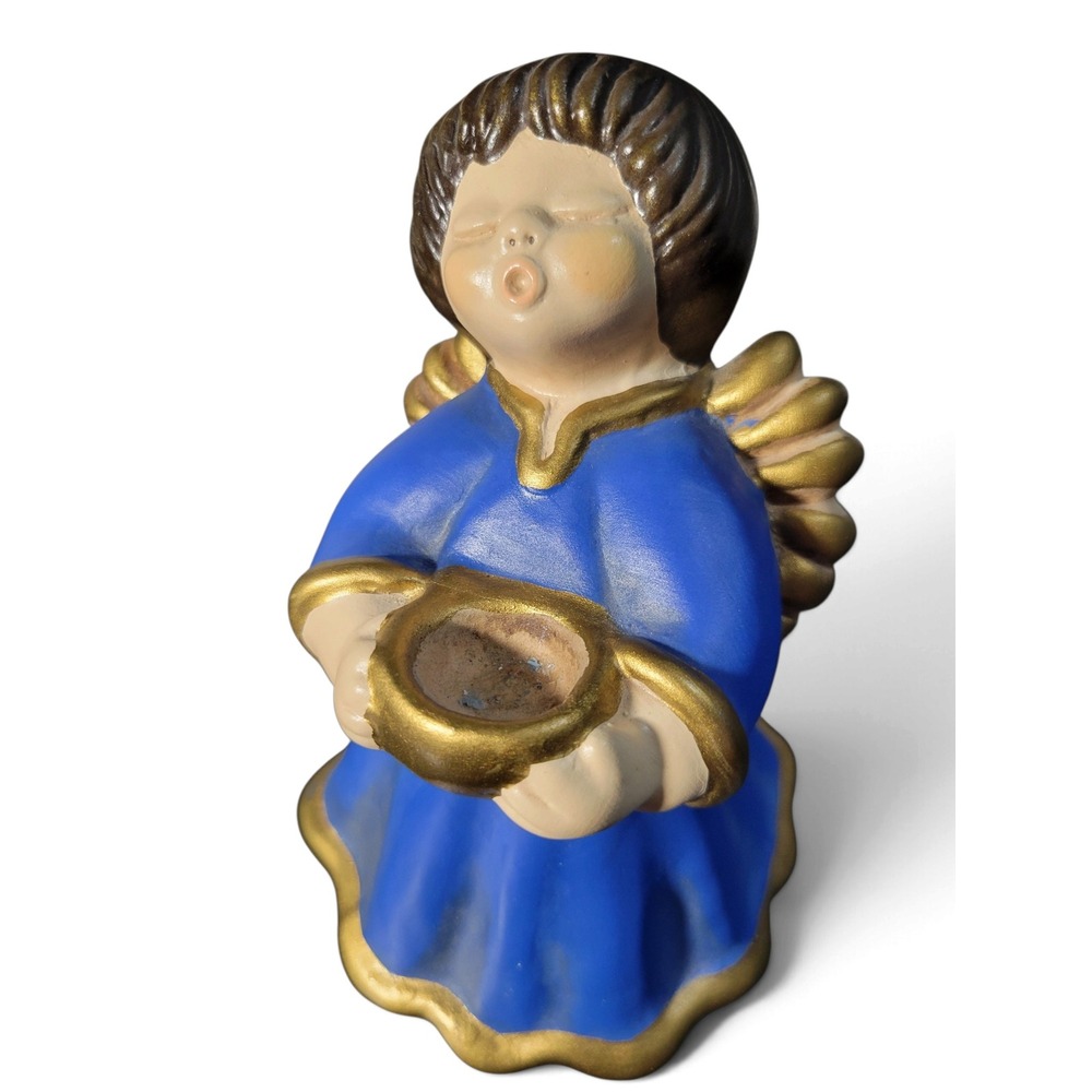 Vintage THUN Bozner Engel Angel Figurine Blue Gold Italy Candle Holder 6"